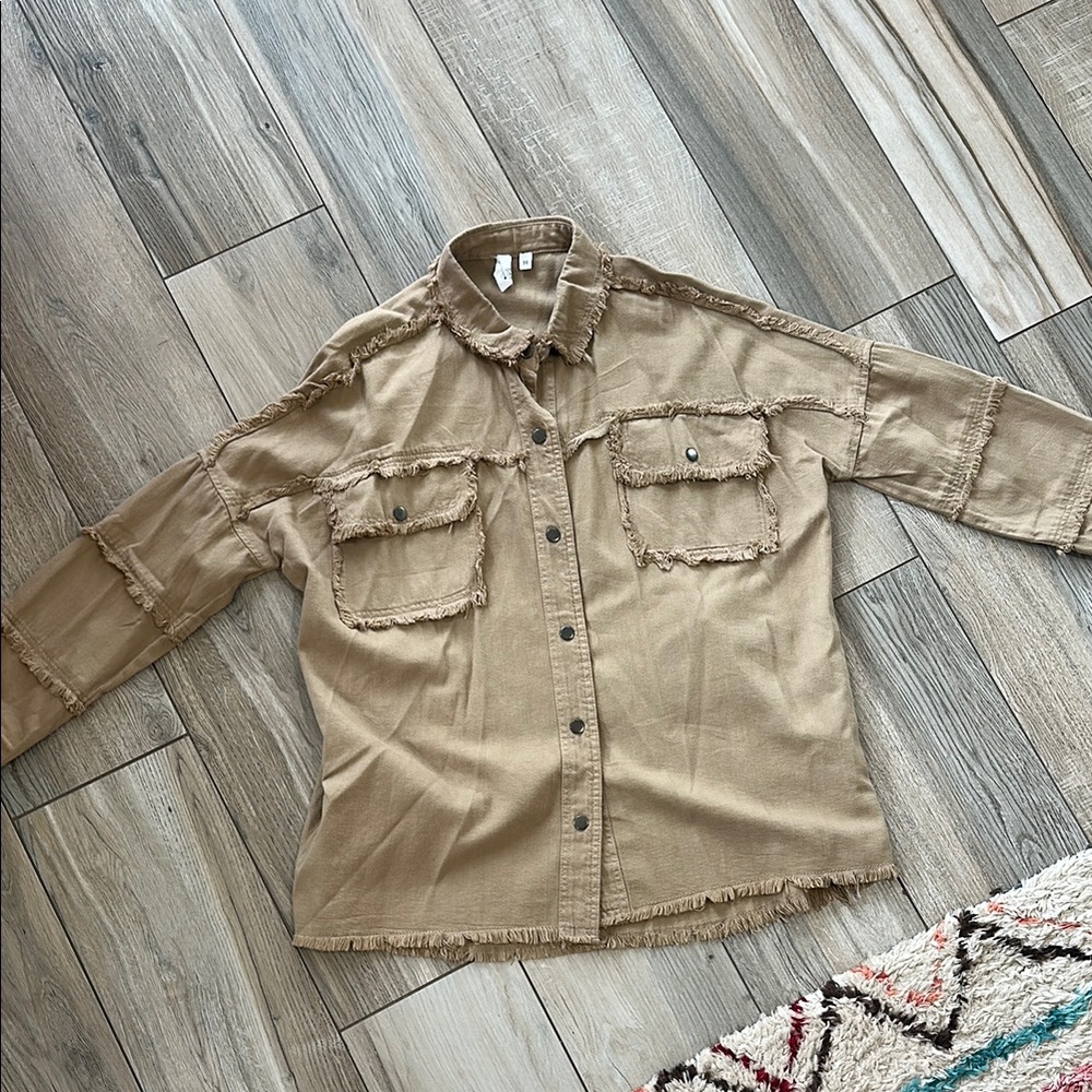 Tan ROCK & ROLL Button-Up Shirt with Frayed Edges - Picture 2 of 7